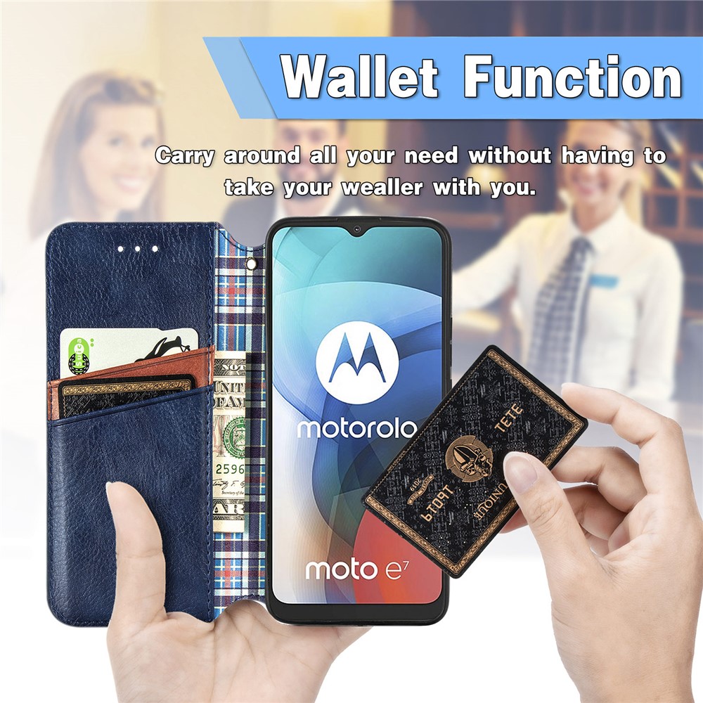 Auto-Absorbed Rhombus Imprinting Leather Phone Cover Case for Motorola Moto E7 - Blue-12