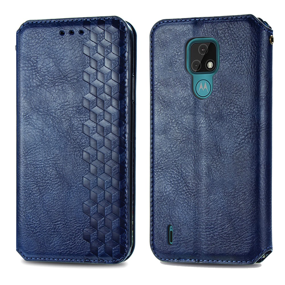 Auto-Absorbed Rhombus Imprinting Leather Phone Cover Case for Motorola Moto E7 - Blue-2