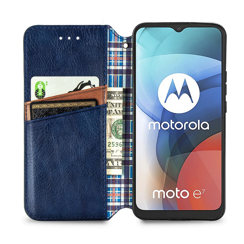 Auto-Absorbed Rhombus Imprinting Leather Phone Cover Case for Motorola Moto E7 - Blue-3