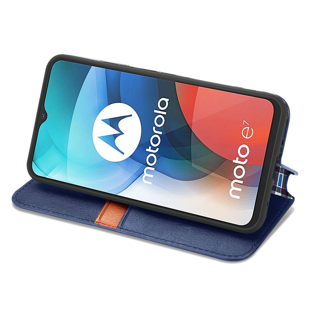 Auto-Absorbed Rhombus Imprinting Leather Phone Cover Case for Motorola Moto E7 - Blue-5