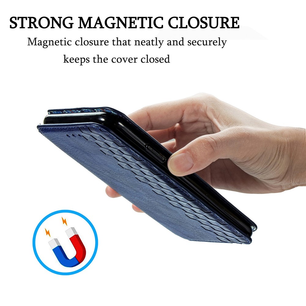 Auto-Absorbed Rhombus Imprinting Leather Phone Cover Case for Motorola Moto E7 - Blue-7