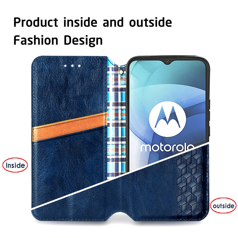 Auto-Absorbed Rhombus Imprinting Leather Phone Cover Case for Motorola Moto E7 - Blue-9