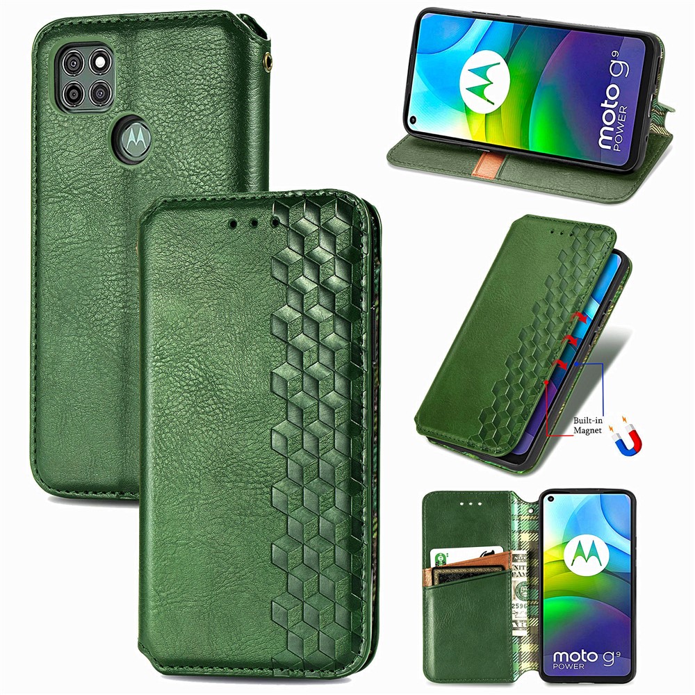 Auto-Absorbed Rhombus Imprinting Decor Fashionable Leather Phone Cover Case for Motorola Moto G9 Power - Green-1