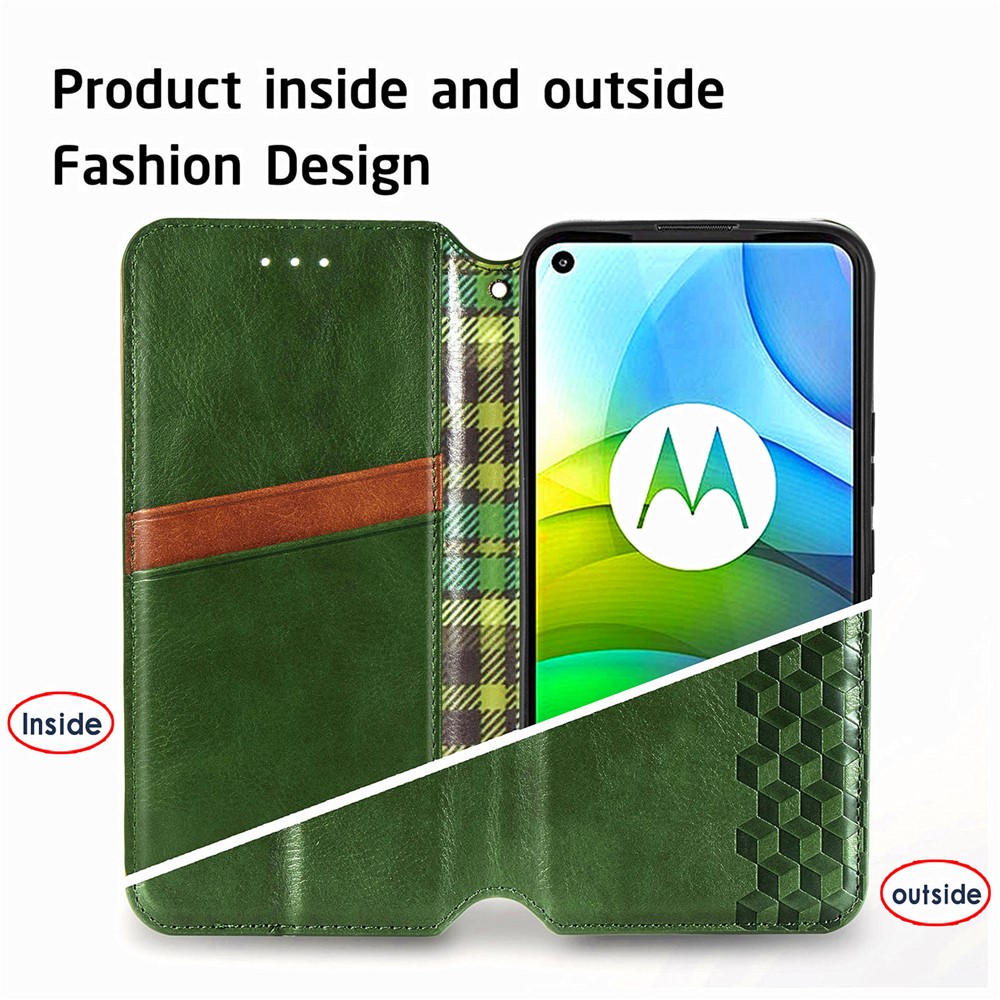 Auto-Absorbed Rhombus Imprinting Decor Fashionable Leather Phone Cover Case for Motorola Moto G9 Power - Green-11