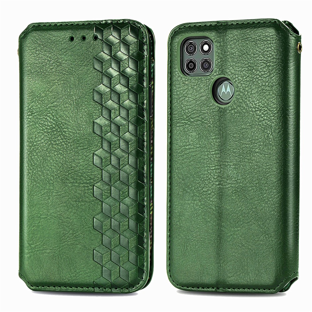 Auto-Absorbed Rhombus Imprinting Decor Fashionable Leather Phone Cover Case for Motorola Moto G9 Power - Green-2