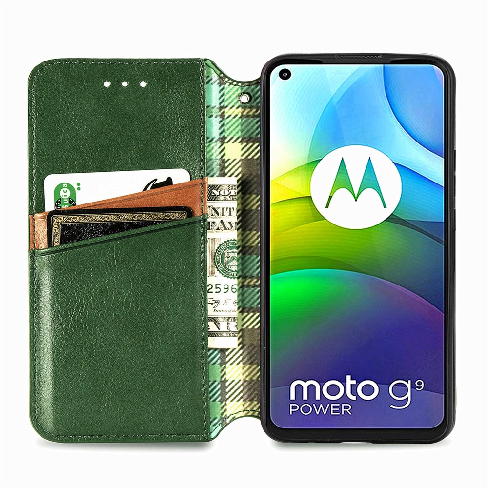 Auto-Absorbed Rhombus Imprinting Decor Fashionable Leather Phone Cover Case for Motorola Moto G9 Power - Green-5
