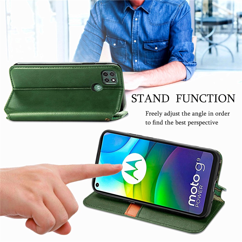 Auto-Absorbed Rhombus Imprinting Decor Fashionable Leather Phone Cover Case for Motorola Moto G9 Power - Green-8