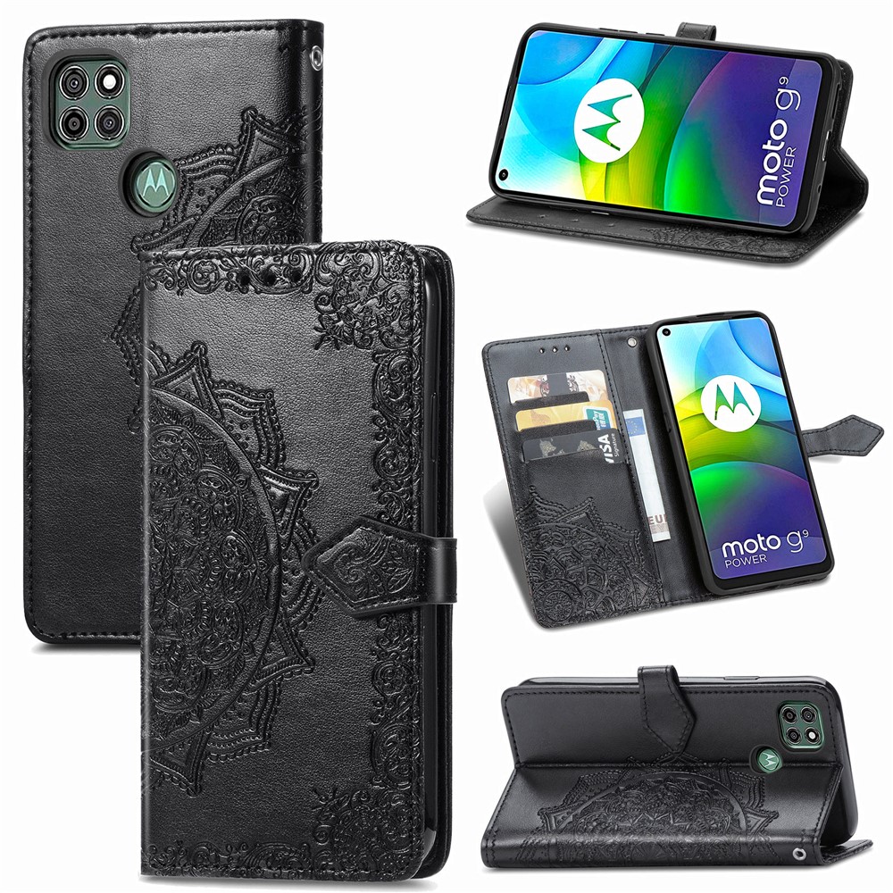 PU Leather Case Wallet with Mandala Flower Embossment for Motorola Moto G9 Power - Black-1