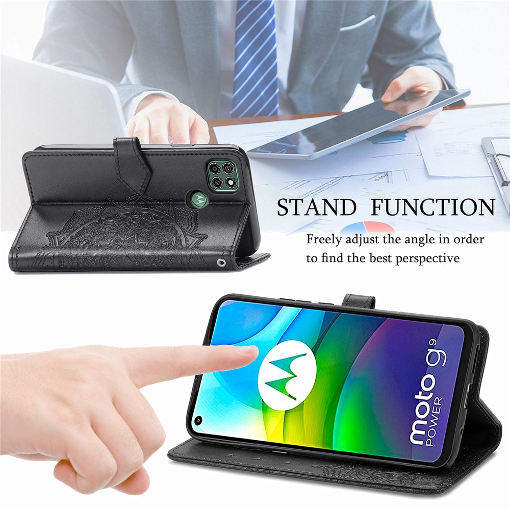PU Leather Case Wallet with Mandala Flower Embossment for Motorola Moto G9 Power - Black-10