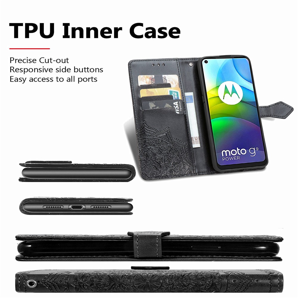 PU Leather Case Wallet with Mandala Flower Embossment for Motorola Moto G9 Power - Black-11