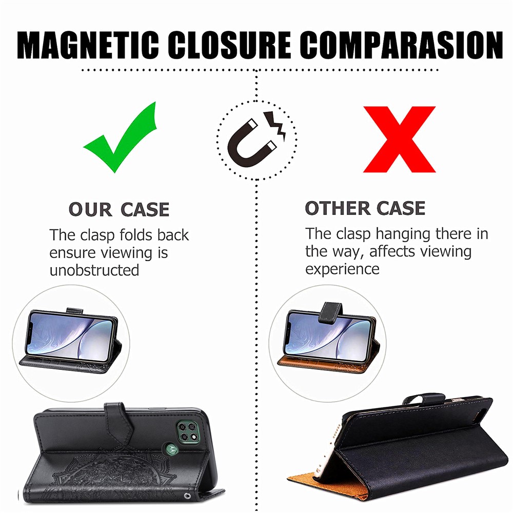 PU Leather Case Wallet with Mandala Flower Embossment for Motorola Moto G9 Power - Black-13