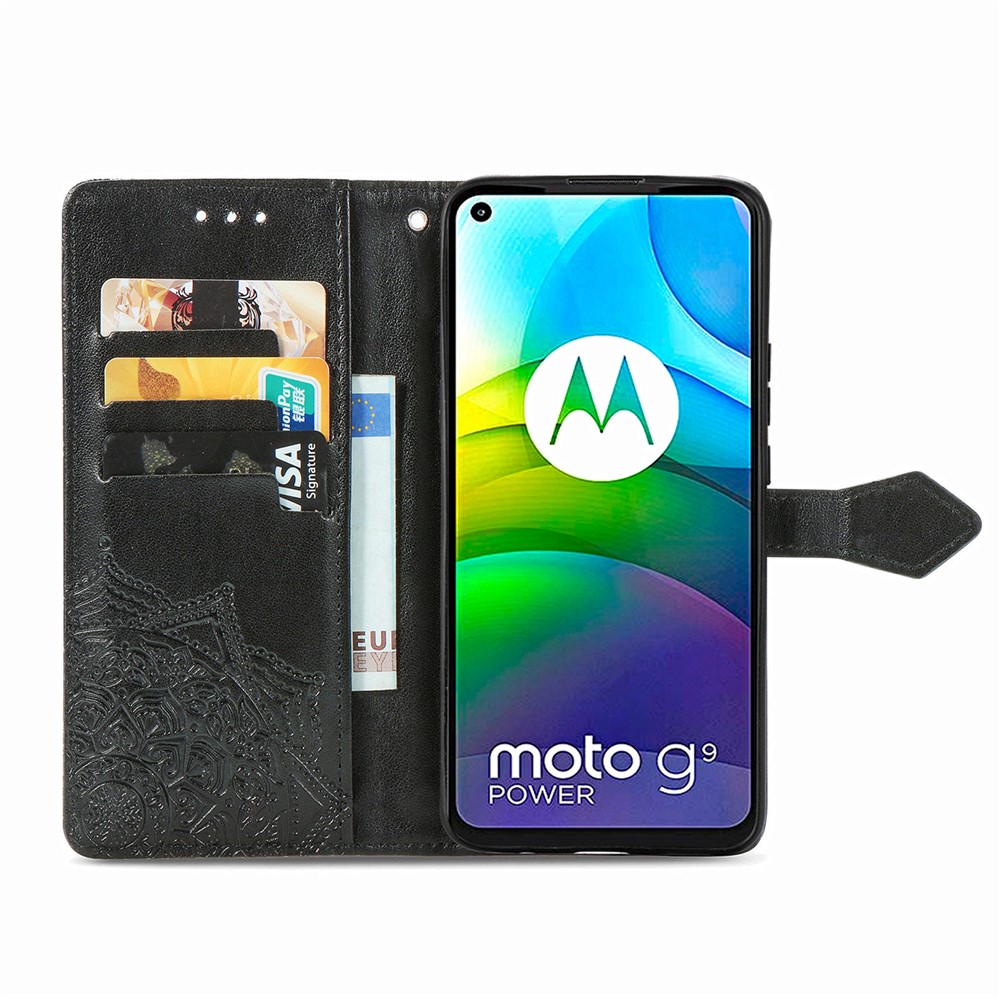 PU Leather Case Wallet with Mandala Flower Embossment for Motorola Moto G9 Power - Black-5