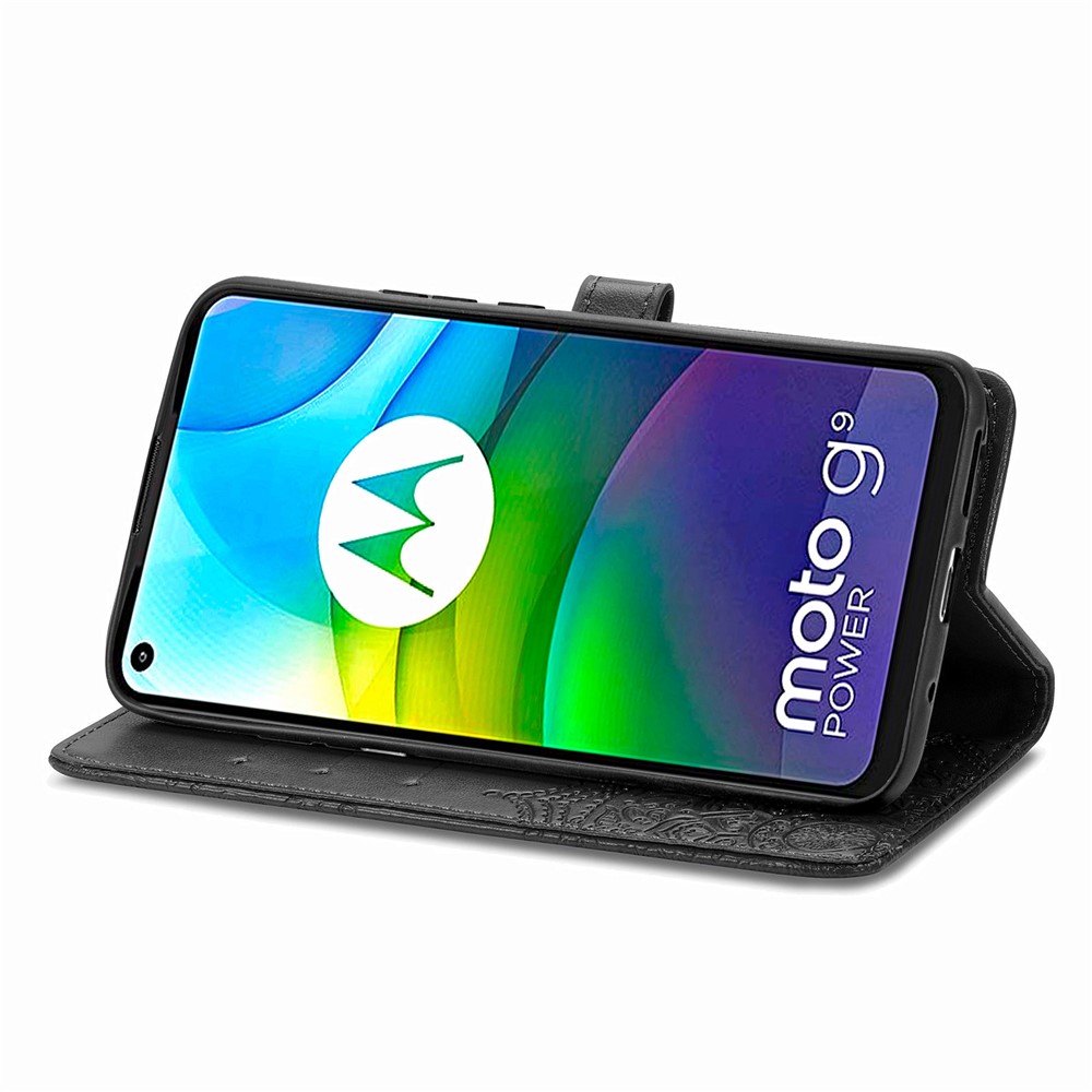 PU Leather Case Wallet with Mandala Flower Embossment for Motorola Moto G9 Power - Black-6