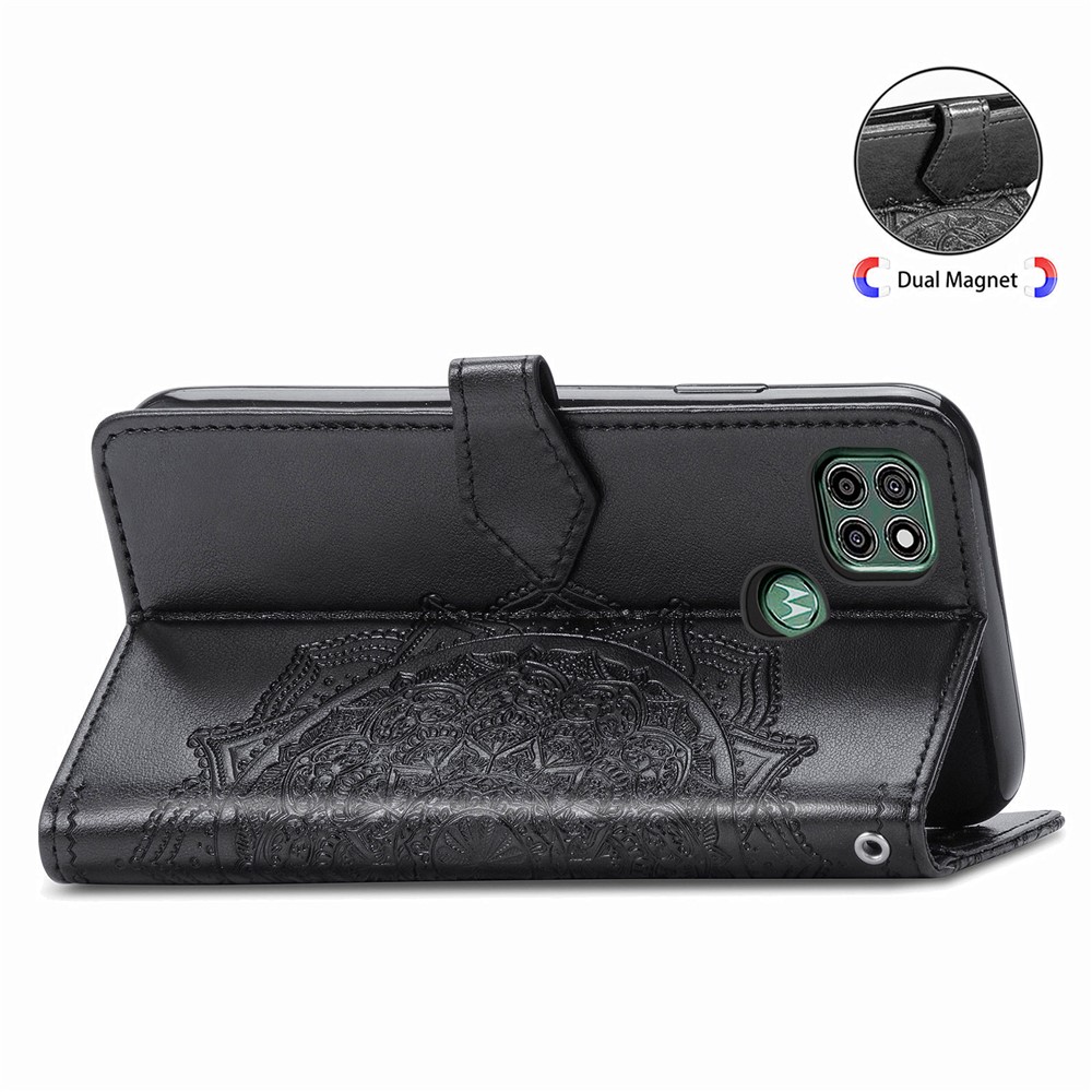 PU Leather Case Wallet with Mandala Flower Embossment for Motorola Moto G9 Power - Black-7