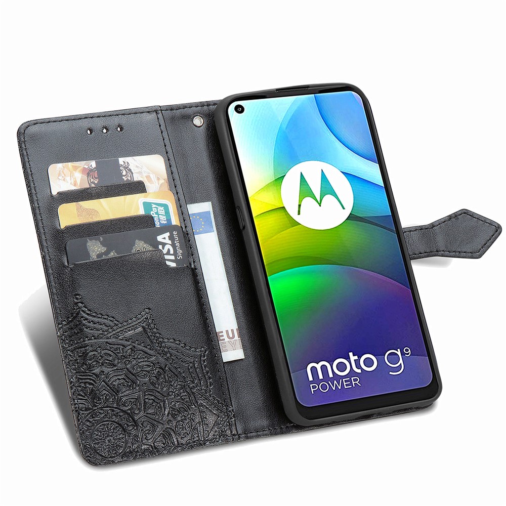 PU Leather Case Wallet with Mandala Flower Embossment for Motorola Moto G9 Power - Black-8