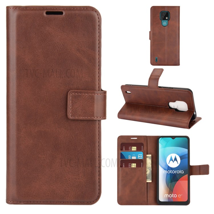 Magnetic Square Buckle Design Wallet Leather Cellphone Cover Case for Motorola Moto E7 - Dark Brown-1