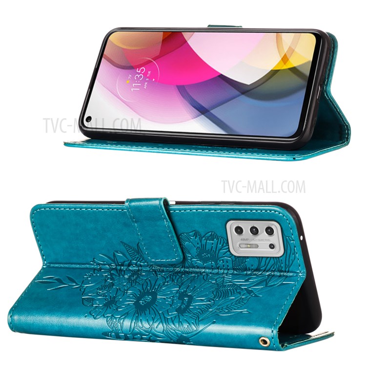 Imprint Butterfly Flower Pattern Wallet Stand Leather Case for Motorola Moto G Stylus (2021) - Blue-4