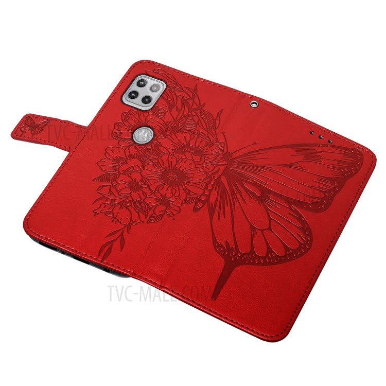 Imprint Butterfly Flower Pattern Wallet Stand Leather Case for Motorola One 5G Ace - Red-10