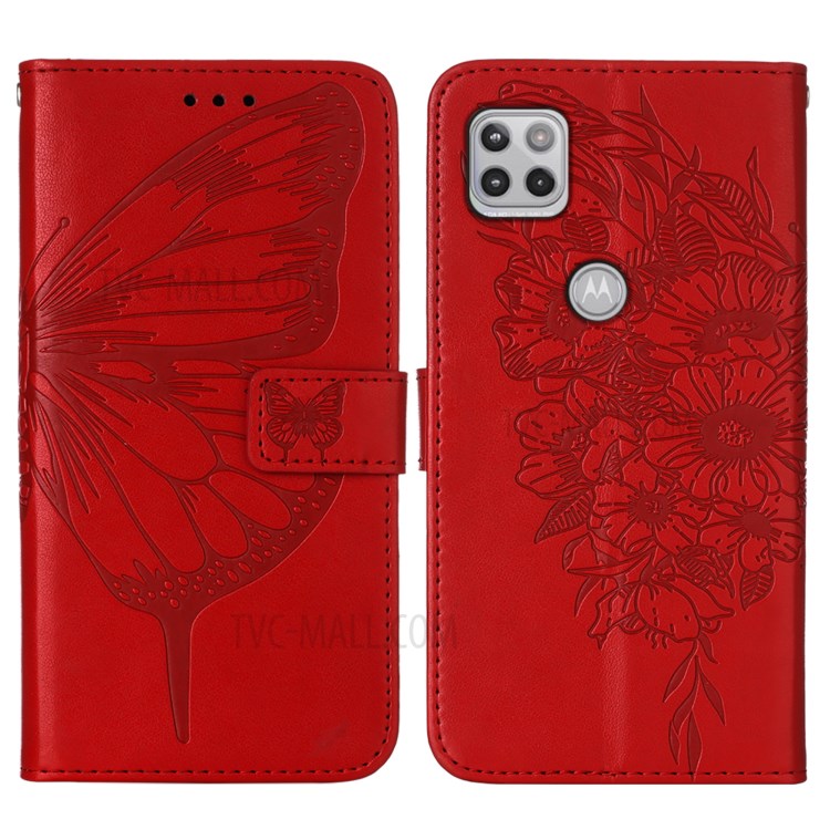 Imprint Butterfly Flower Pattern Wallet Stand Leather Case for Motorola One 5G Ace - Red-3