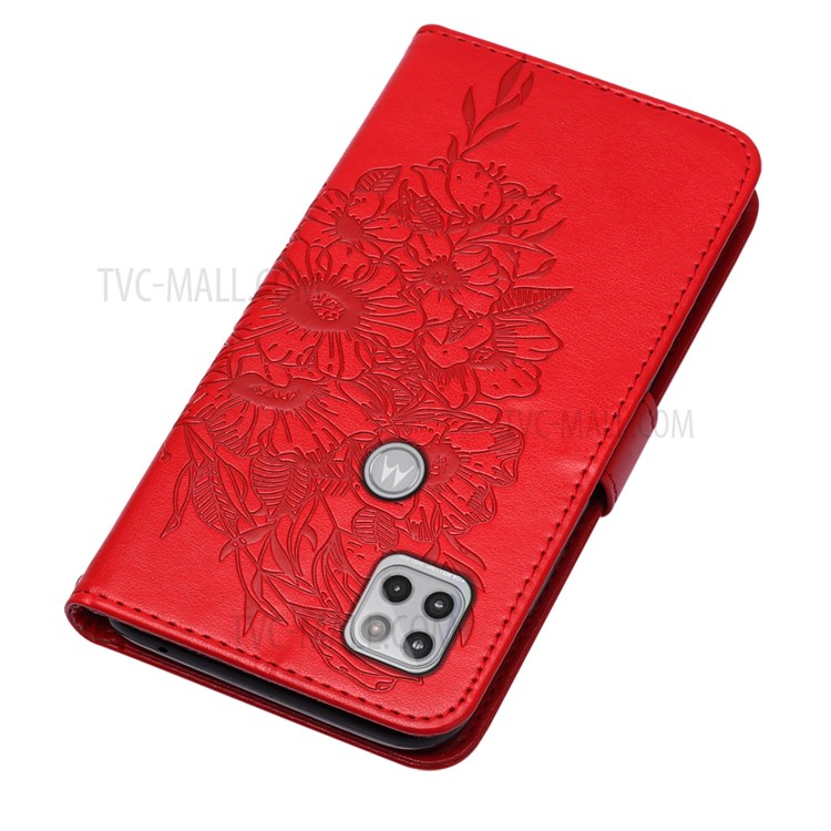 Imprint Butterfly Flower Pattern Wallet Stand Leather Case for Motorola One 5G Ace - Red-5