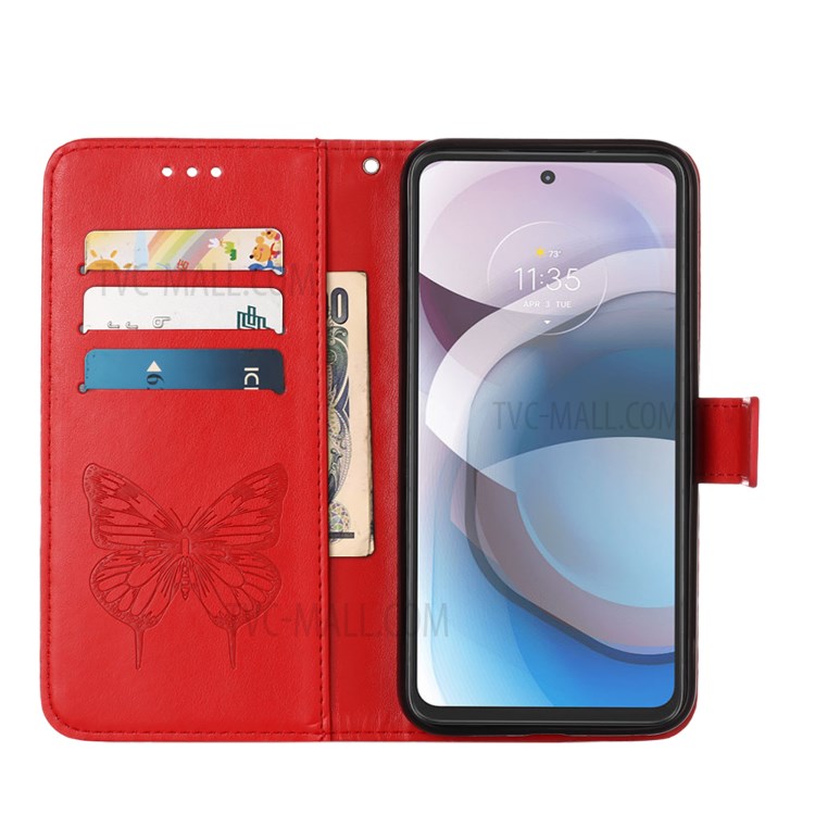 Pie De Imprenta Mariposa Flor Patrón Monedero Soporte Estuche De Cuero Para Motorola One 5G ACE - Rojo-6