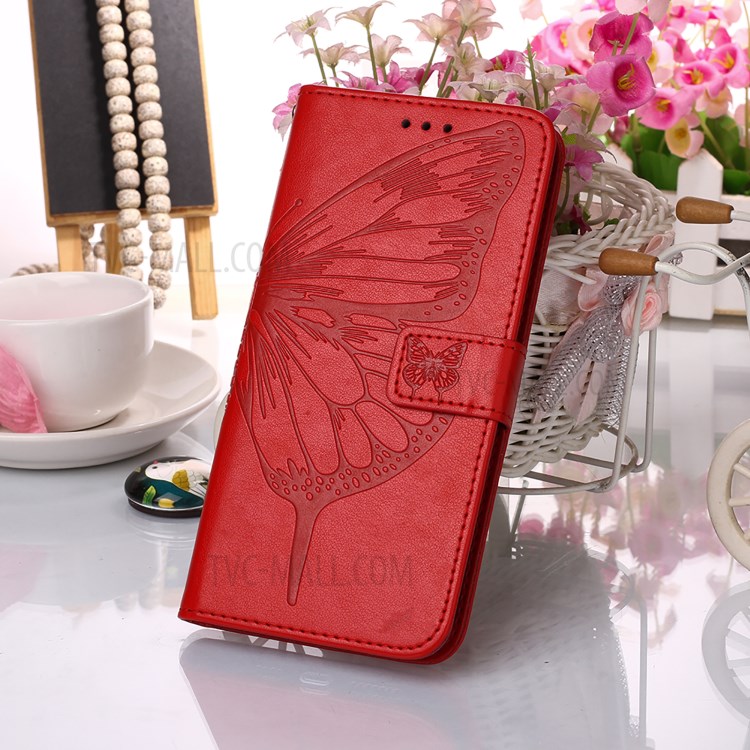 Pie De Imprenta Mariposa Flor Patrón Monedero Soporte Estuche De Cuero Para Motorola One 5G ACE - Rojo-7