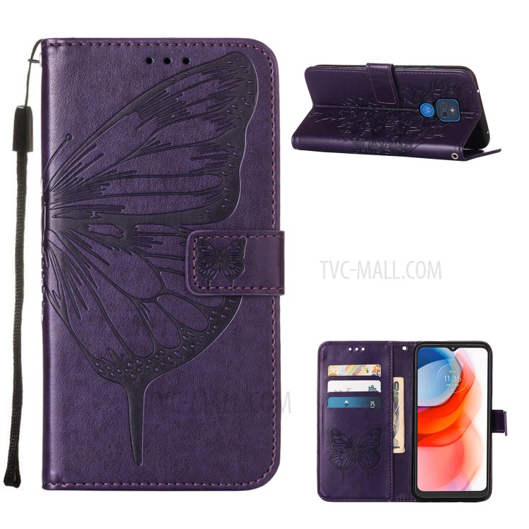 Imprint Butterfly Flower Pattern Wallet Stand Leather Case for Motorola Moto G Play (2021) - Dark Purple-1