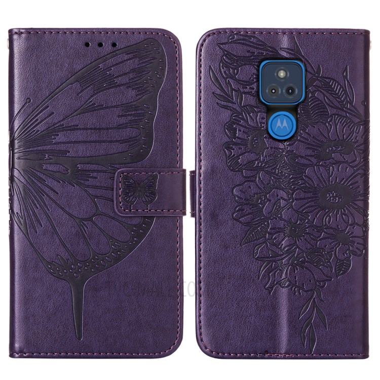 Imprint Butterfly Flower Pattern Wallet Stand Leather Case for Motorola Moto G Play (2021) - Dark Purple-3