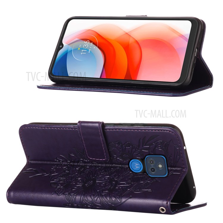 Imprint Butterfly Flower Pattern Wallet Stand Leather Case for Motorola Moto G Play (2021) - Dark Purple-4