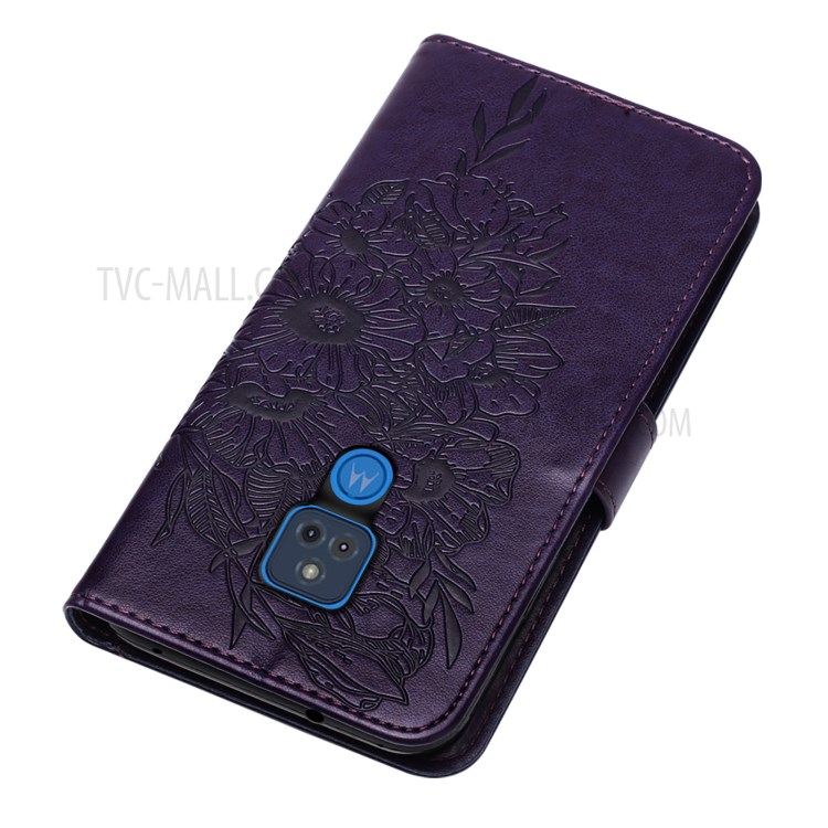 Imprint Butterfly Flower Pattern Wallet Stand Leather Case for Motorola Moto G Play (2021) - Dark Purple-5