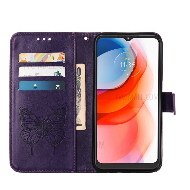Imprint Butterfly Flower Pattern Wallet Stand Leather Case for Motorola Moto G Play (2021) - Dark Purple-6