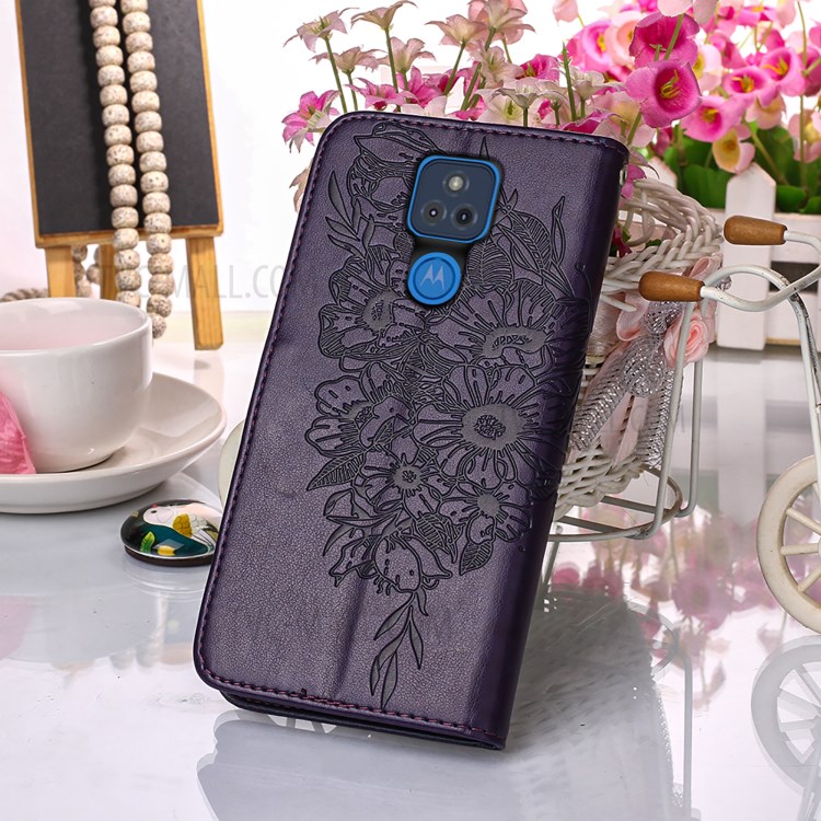 Imprint Butterfly Flower Pattern Wallet Stand Leather Case for Motorola Moto G Play (2021) - Dark Purple-8
