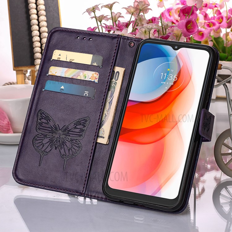 Imprint Butterfly Flower Pattern Wallet Stand Leather Case for Motorola Moto G Play (2021) - Dark Purple-9