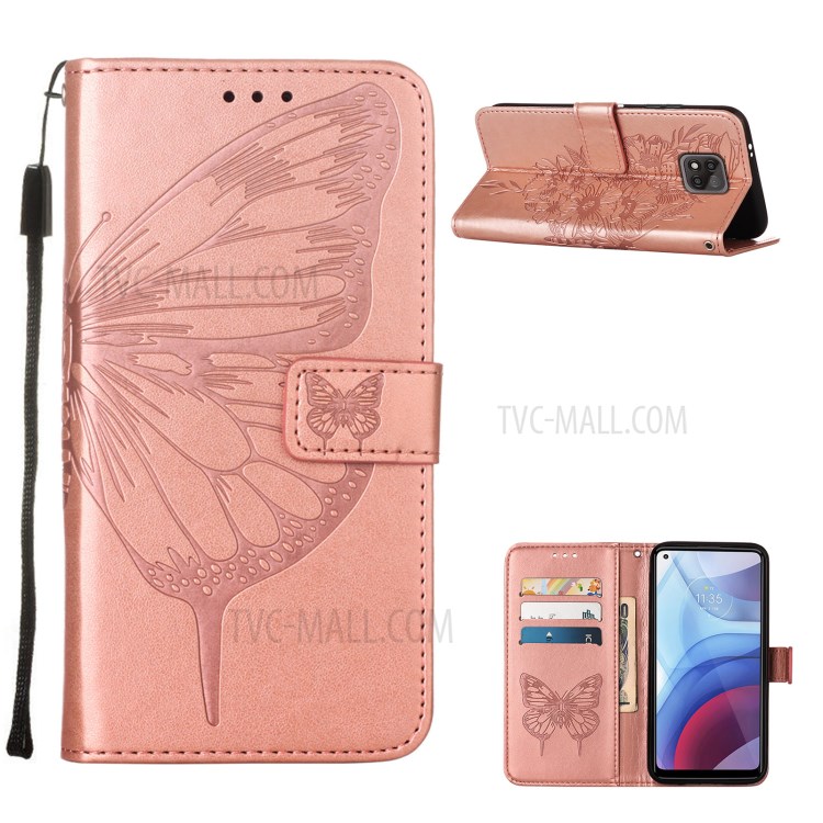 Imprint Butterfly Flower Pattern Wallet Stand Leather Cover Case for Motorola Moto G Power (2021) - Rose Gold-1