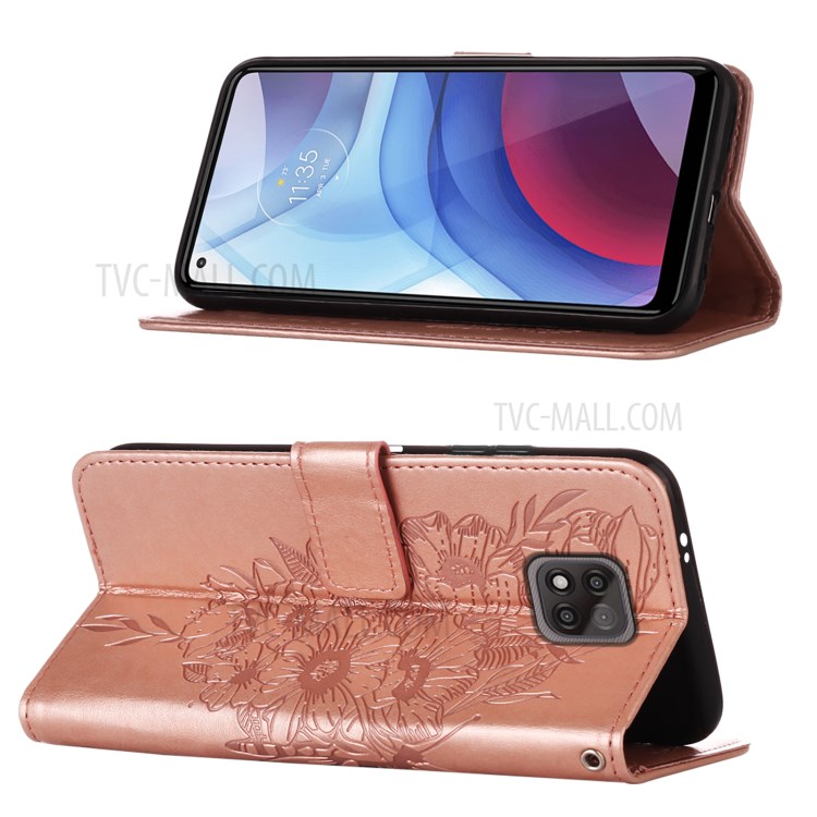 Imprint Butterfly Flower Pattern Wallet Stand Leather Cover Case for Motorola Moto G Power (2021) - Rose Gold-4