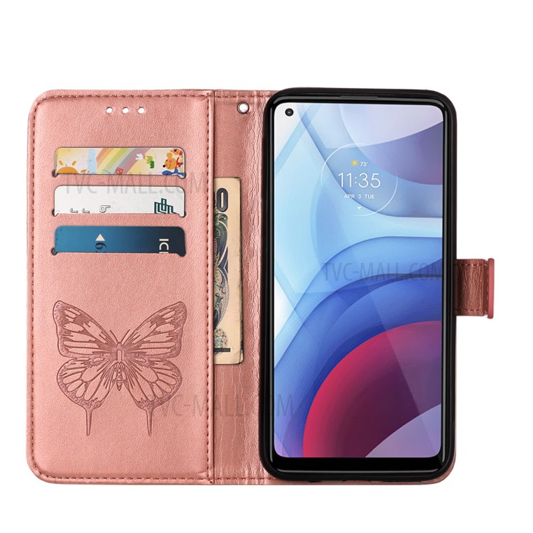 Imprint Butterfly Flower Pattern Wallet Stand Leather Cover Case for Motorola Moto G Power (2021) - Rose Gold-6