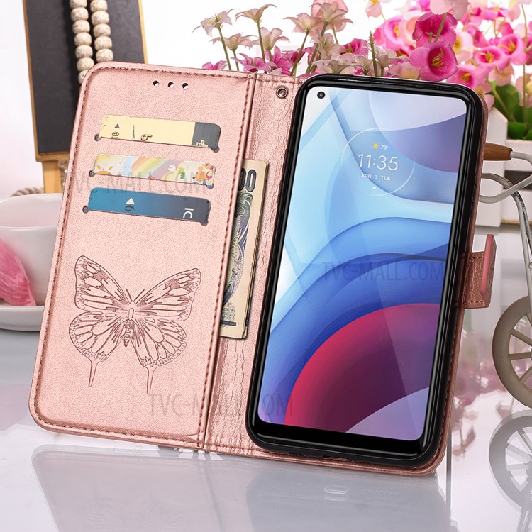 Imprint Butterfly Flower Pattern Wallet Stand Leather Cover Case for Motorola Moto G Power (2021) - Rose Gold-9