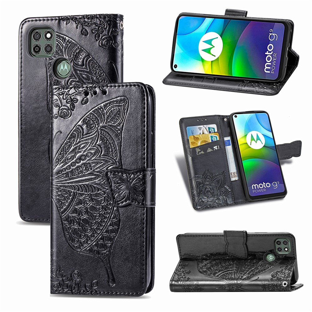 Imprint Big Butterfly Leather Wallet Phone Shell for Motorola Moto G9 Power - Black-1