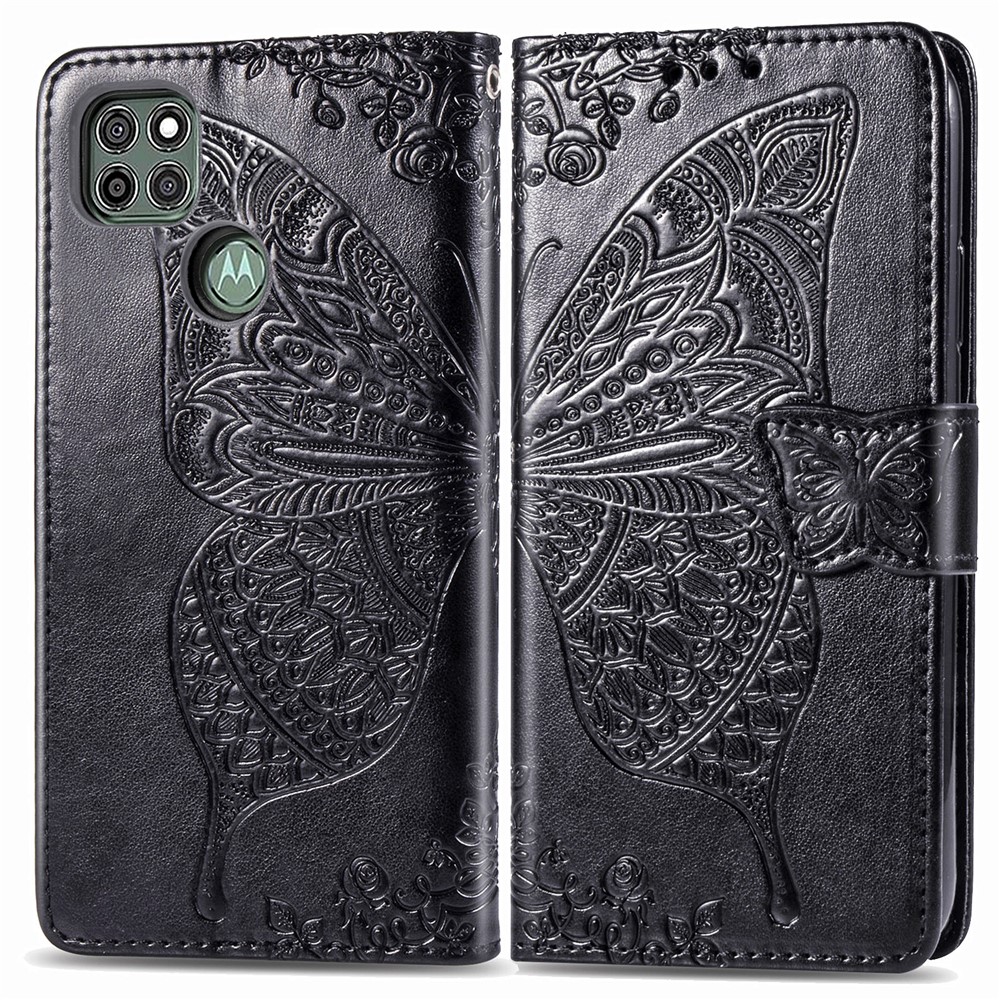 Imprint Big Butterfly Leather Wallet Phone Shell for Motorola Moto G9 Power - Black-2
