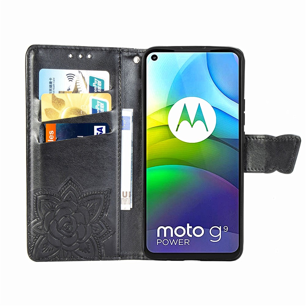 Imprint Big Butterfly Leather Wallet Phone Shell for Motorola Moto G9 Power - Black-5