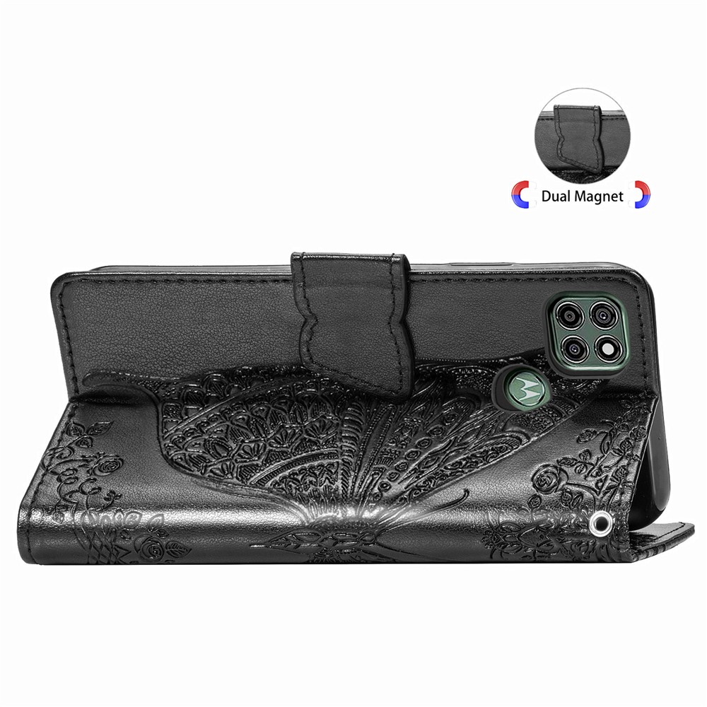 Imprint Big Butterfly Leather Wallet Phone Shell for Motorola Moto G9 Power - Black-7