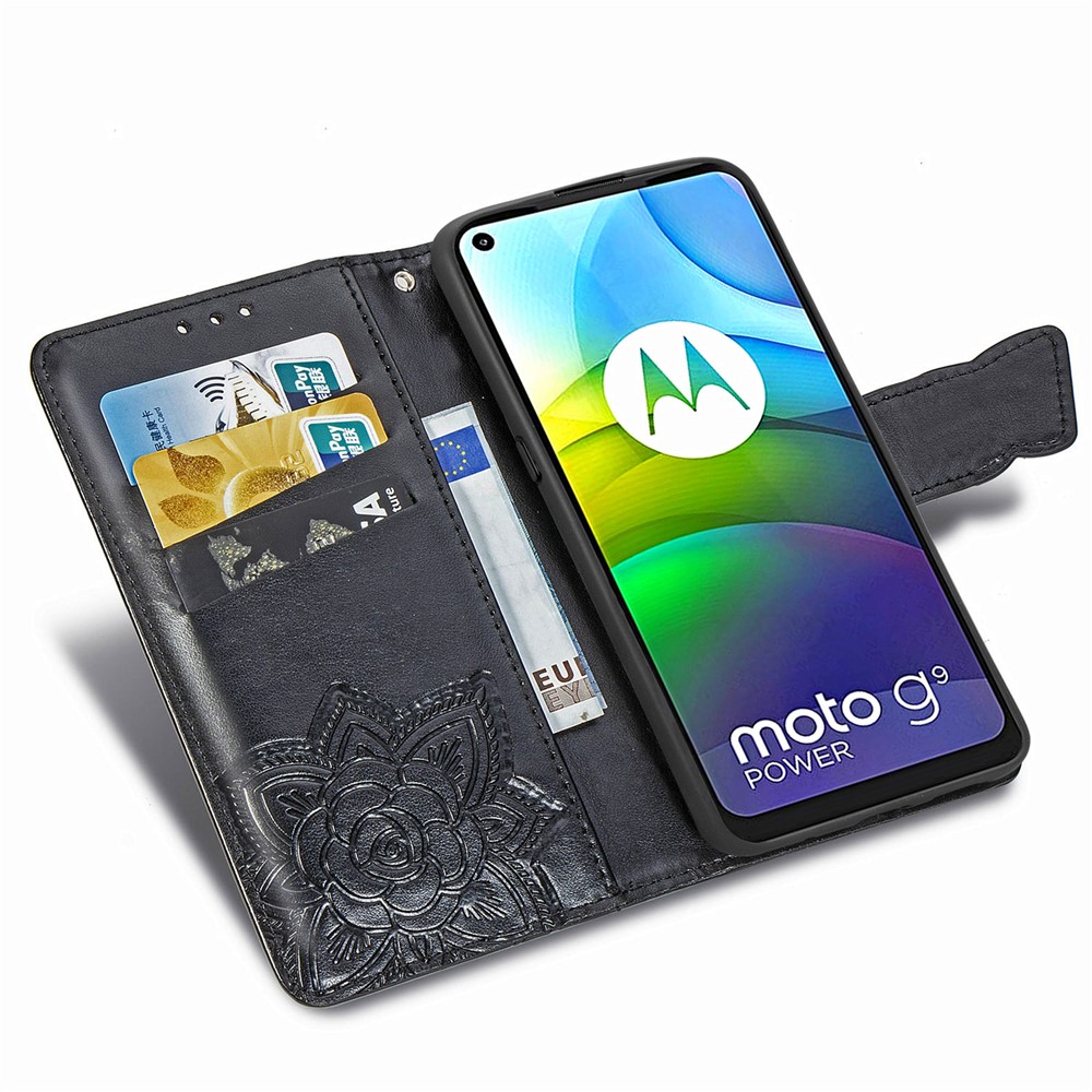 Imprint Big Butterfly Leather Wallet Phone Shell for Motorola Moto G9 Power - Black-8