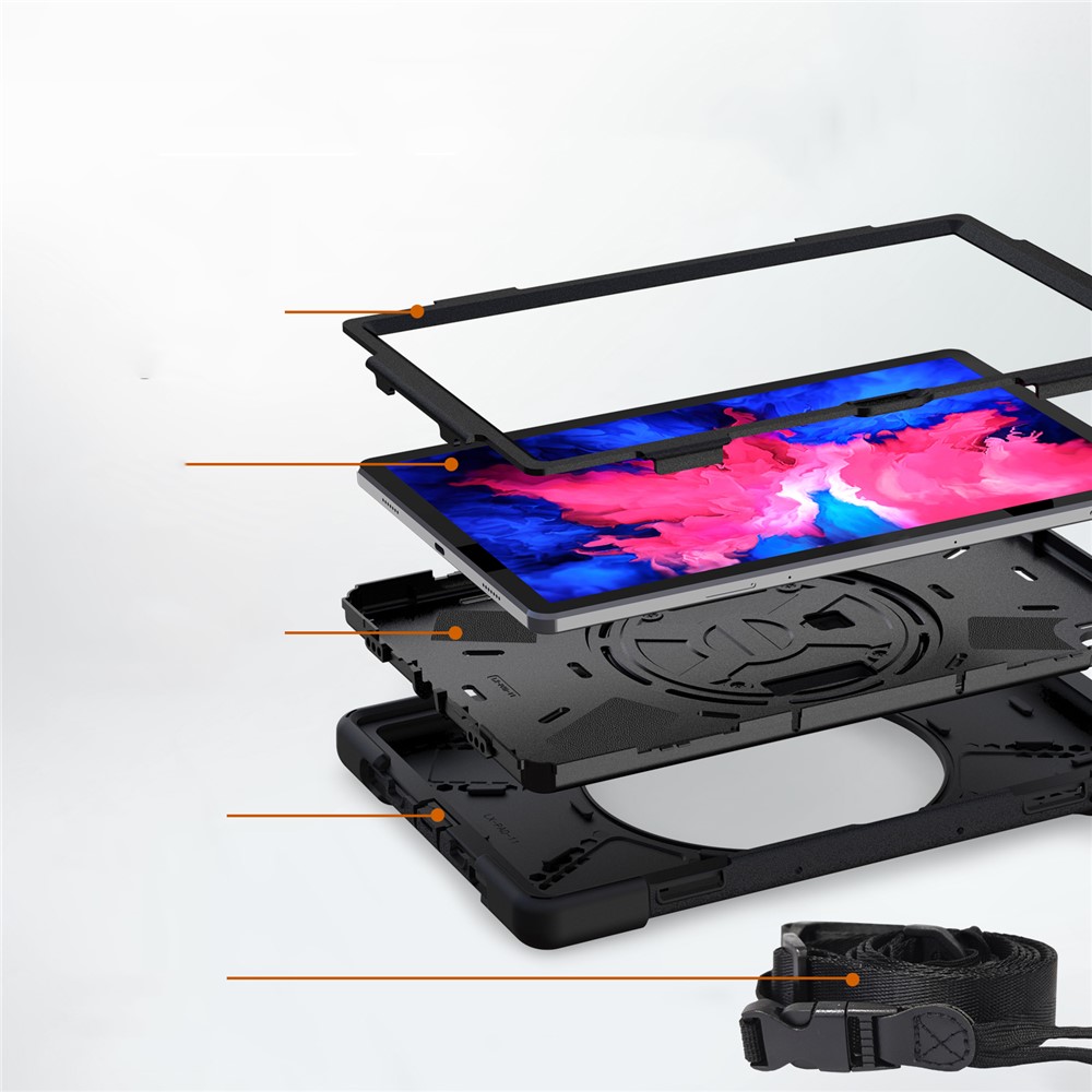 360 Degrés Swivel Kickstand Design PC + Tablette Hybride En Silicone Avec Bracelet À La Main Et Bandoulière Pour L'onglet Lenovo P11 TB-J606F - Noir-10