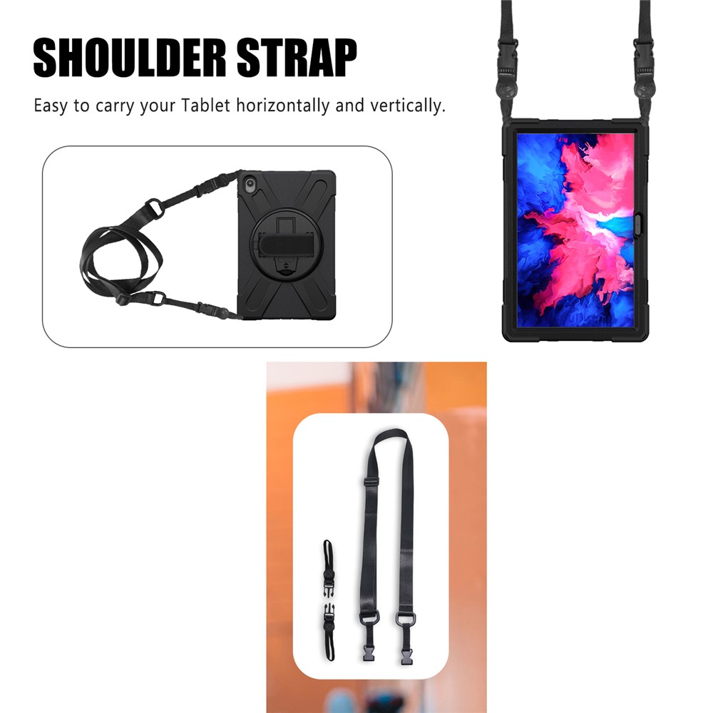 360 Degrés Swivel Kickstand Design PC + Tablette Hybride En Silicone Avec Bracelet À La Main Et Bandoulière Pour L'onglet Lenovo P11 TB-J606F - Noir-11