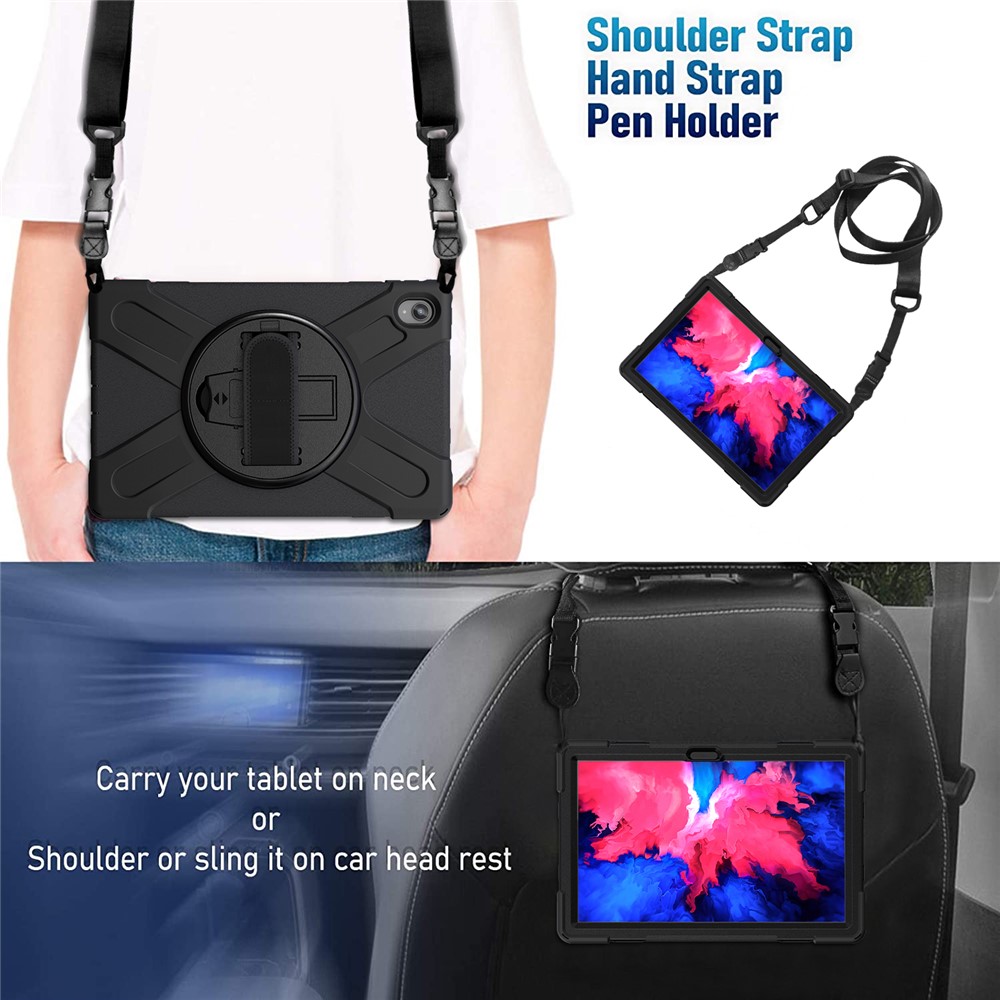 360 Degrés Swivel Kickstand Design PC + Tablette Hybride En Silicone Avec Bracelet À La Main Et Bandoulière Pour L'onglet Lenovo P11 TB-J606F - Noir-6