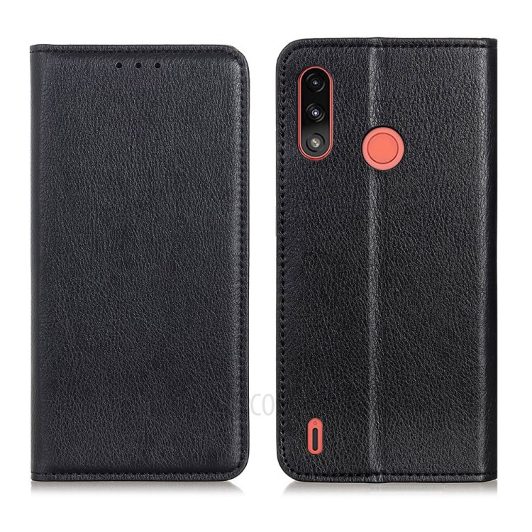 For Motorola Moto E7 Power 2021 Strong Magnetic-Absorbed Litchi Texture Split Leather Wallet Cover Case with Stand - Black-1