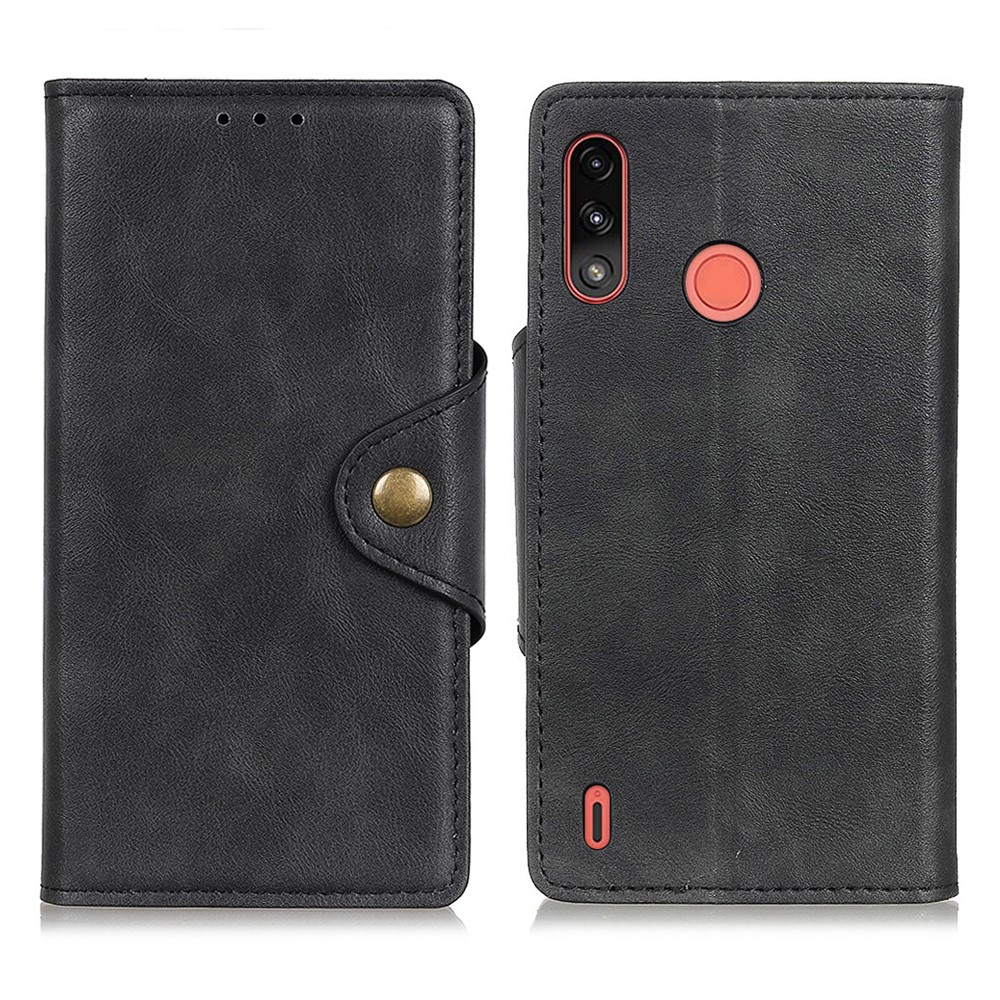 Brass Buckle Magnetic Closure PU Leather Case with Wallet Stand Design for Motorola Moto E7 Power 2021 - Black-1