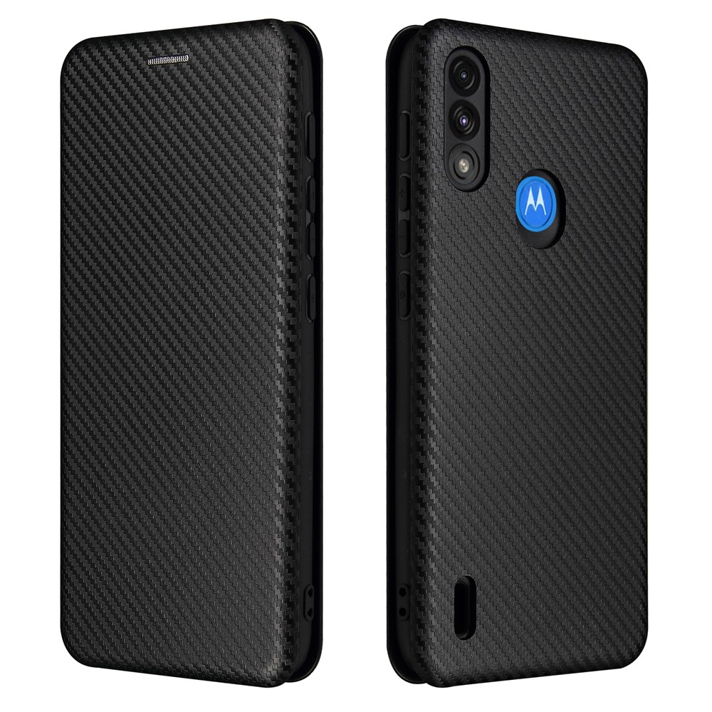 Auto-absorbed Carbon Fiber Texture Leather Stand Shell Cover with Card Holder for Motorola Moto E7 Power 2021 - Black-1