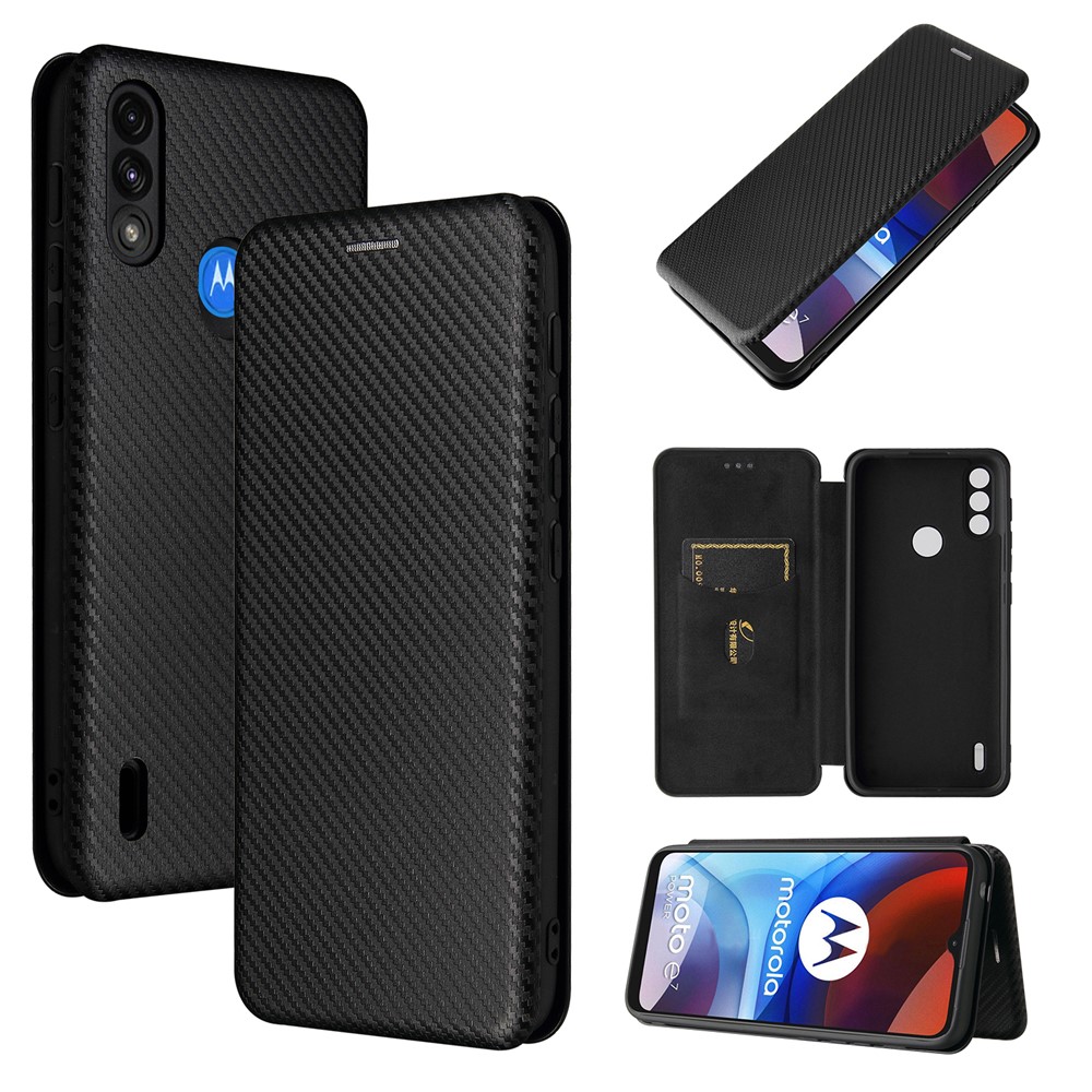 Auto-absorbed Carbon Fiber Texture Leather Stand Shell Cover with Card Holder for Motorola Moto E7 Power 2021 - Black-3