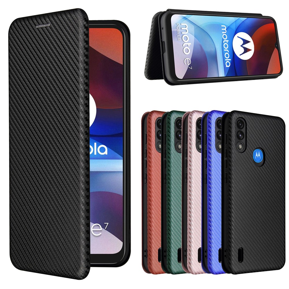 Auto-absorbed Carbon Fiber Texture Leather Stand Shell Cover with Card Holder for Motorola Moto E7 Power 2021 - Black-4